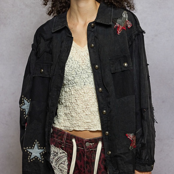 New Pol Denim Shacket Black Button Shirt Women Stars Boho 100% Cotton Denim - Picture 2 of 9